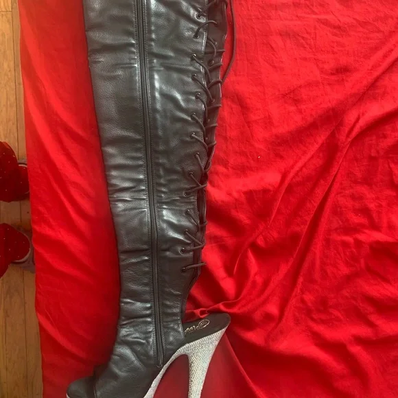 Pleaser Black thigh rhinestone 7inch platform boots - Picture 8 of 11